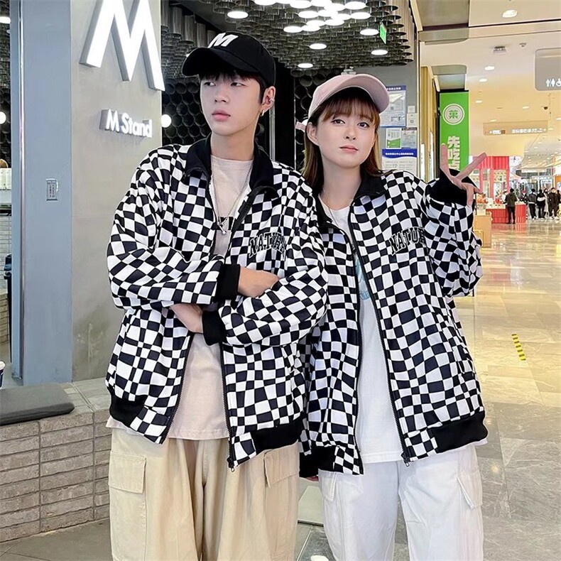 潮流夹克潮男春季黑白格外套B024P45图片