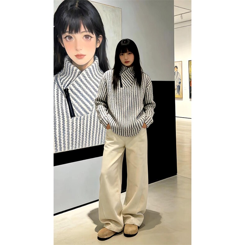 高品质春装新款老钱风美式高街鱼骨纹斜拉链解构高领卫衣长袖t恤图片