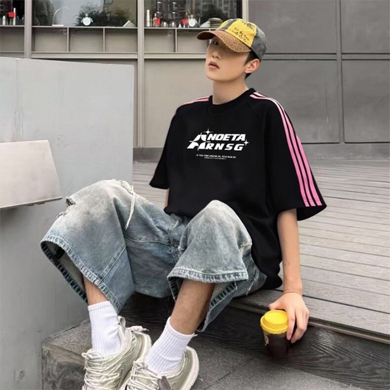 抖音得物品质二开240克宽松纯棉美式潮牌印花三条杠中性风短袖T恤,男装T恤,电商A486