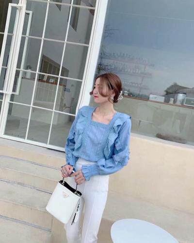 小方领拼花边泡袖亮色上衣，其它，新袖