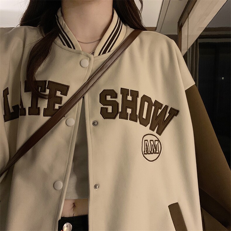 春季棒球服绣花拼接新款连帽卫衣开衫女宽松学生上衣外套C689-88,女装短外套,星座911-2(原星座613-2）