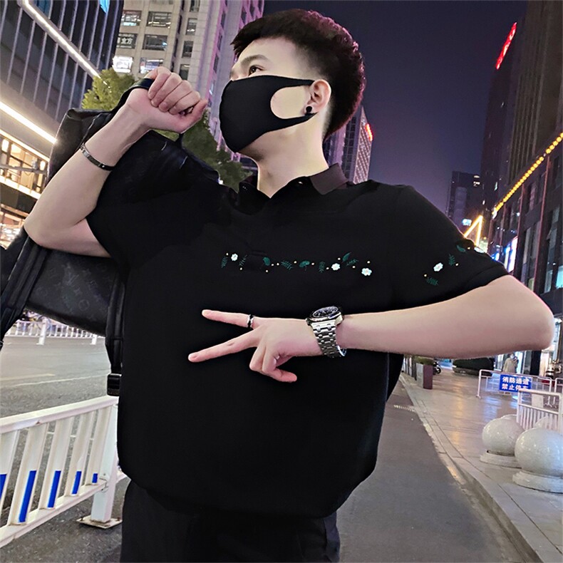 1005/特P58控78夏季社会小伙蜂巢透气网简约小刺绣短袖T恤男黑首2,男装T恤,星座305B-1