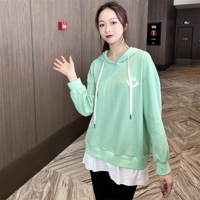 2021春季新款时尚假两件连帽卫衣宽松显瘦长袖上衣女,女装卫衣/绒衫,深水步