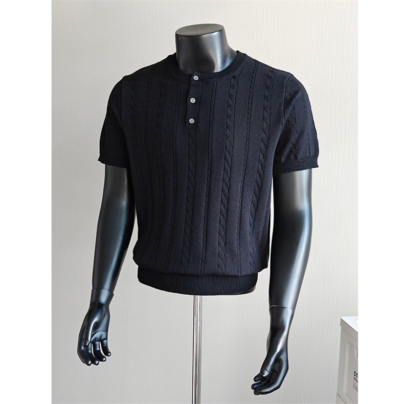 盗图老钱风亨利领冰丝麻花针织短袖T恤打底衫E77134/P58控88，男装T恤，电商A243