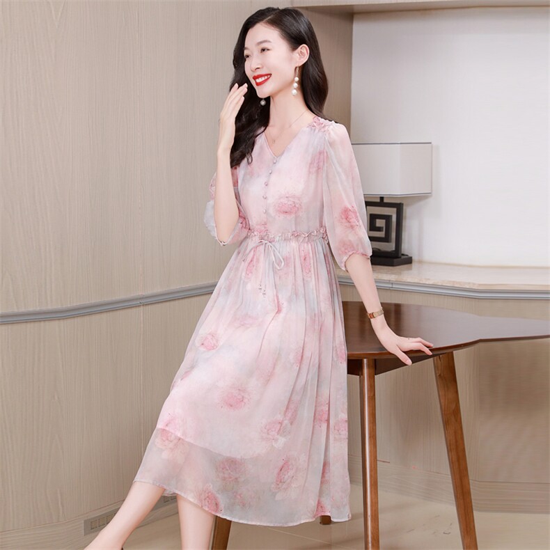 高端真丝连衣裙女夏季2025新款V领显瘦气质女人味减龄桑蚕丝裙子,女装连衣裙,阿舍尔精品