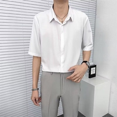 商务休闲短袖条纹衬衫男士修身薄款垂感免烫高级垂感休闲半袖衬衣，男装T恤，星座506A