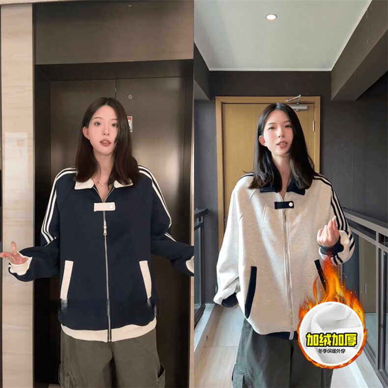 480G重磅加绒硬挺boxy男女秋冬美式高街拼接织带翻领卫衣夹克外套,男装夹克,电商A486
