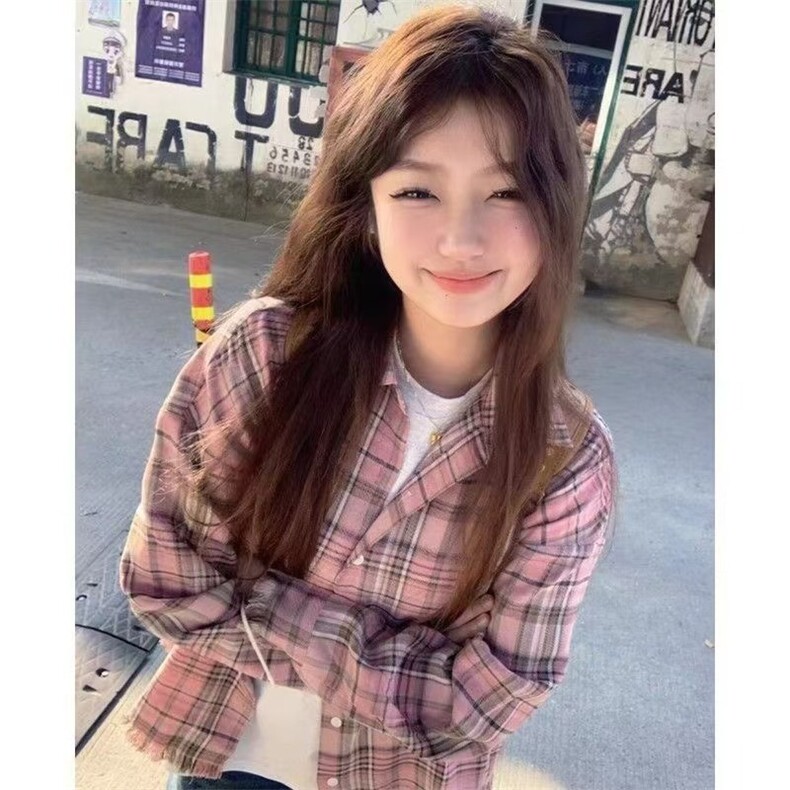 新款春秋粉色美式复古防晒格子衬衫女秋韩系宽松款遮显瘦开衫,男装衬衫,星座1210-1