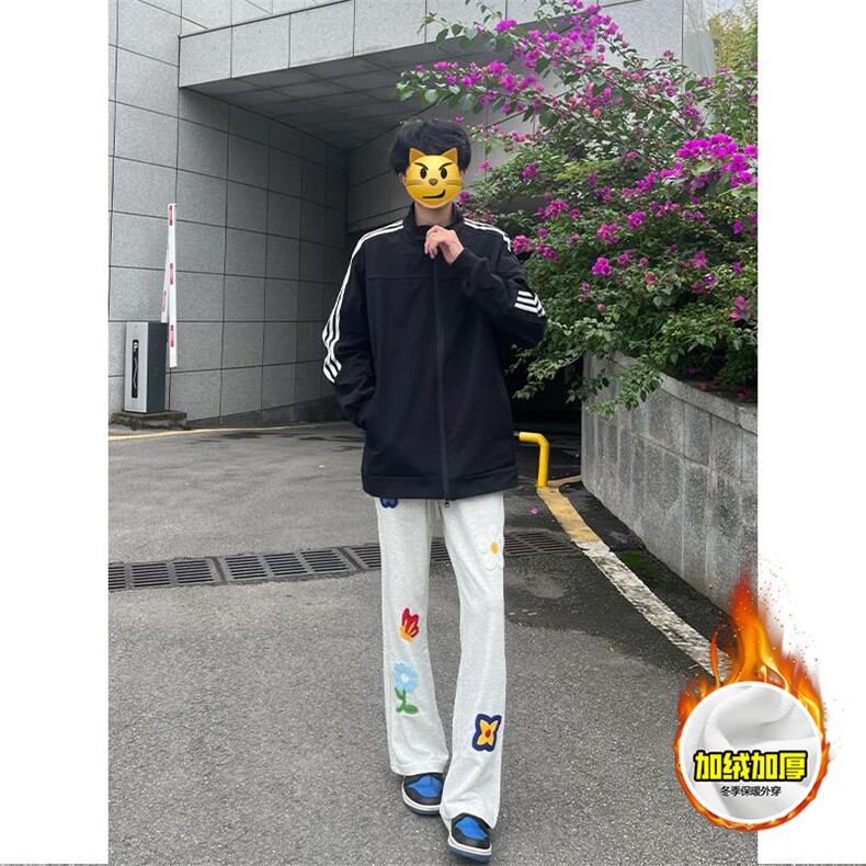 抖音得物高品质秋冬季重磅花卉刺绣潮流运动宽松加绒直筒休闲卫裤图片