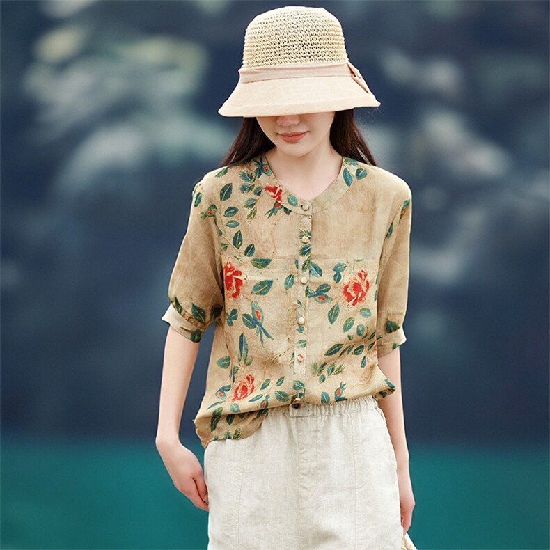 2026年夏季文艺风女短袖宽松常规苎麻,女装衬衫,江南依恋