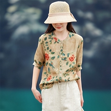 2026年春季文艺风女短袖宽松常规苎麻，女装衬衫，江南依恋