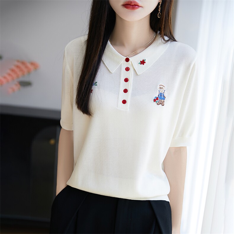 夏季莱赛尔天丝针织五分袖上衣女翻领刺绣纽扣短袖T恤宽松打底衫,针织衫/毛衣,郡淞羊绒