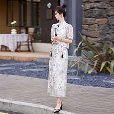 气质新中式印花两件套裙2025新款夏季复古流苏小衫女神范半裙套装，女装套装/套裙，雅佳俏
