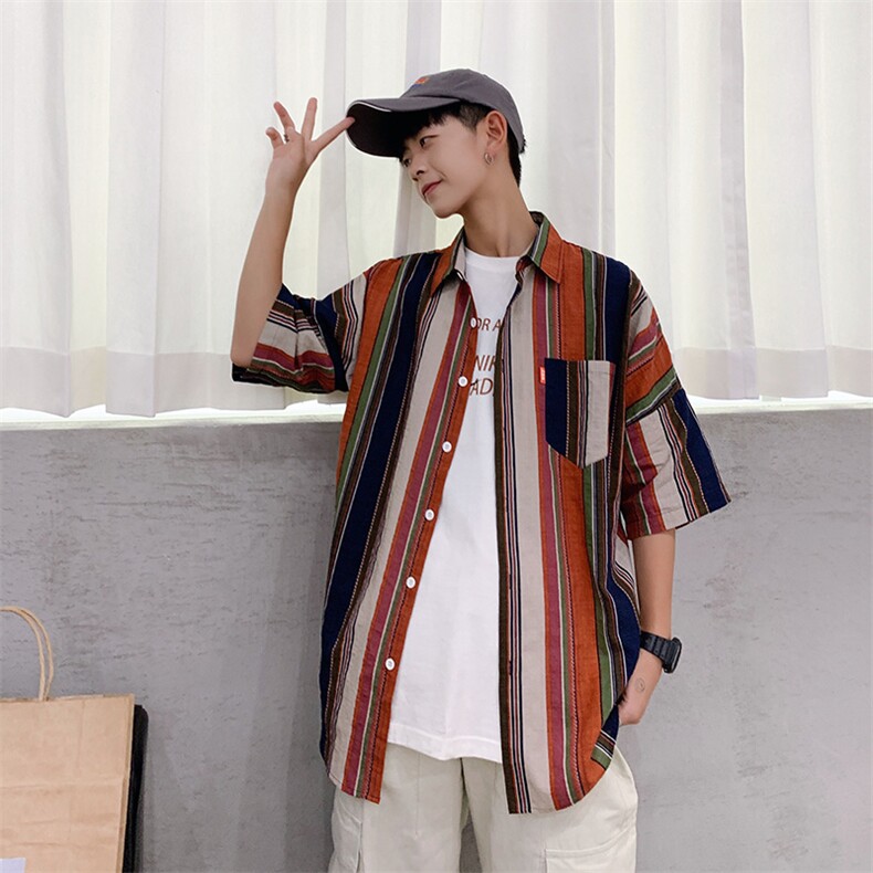 2021夏季新款男士短袖衬衫潮流韩版撞色格子宽松衬衣TX011-P35,男装衬衫,电商A128