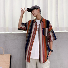 2021夏季新款男士短袖衬衫潮流韩版撞色格子宽松衬衣TX011-P35，男装衬衫，电商A128