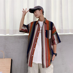 2021夏季新款男士短袖衬衫潮流韩版撞色格子宽松衬衣TX011-P35图片