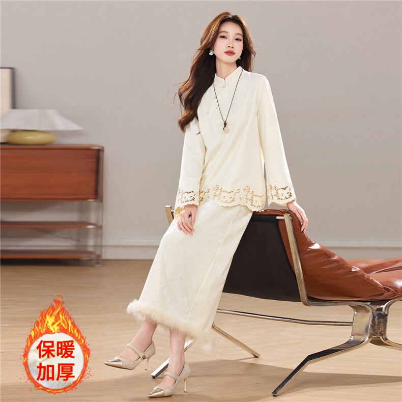 冬季新款加厚丝绒小立领新中式镂空花真毛洋气显瘦气质两件套裙女，女装套装/套裙，宝儿家