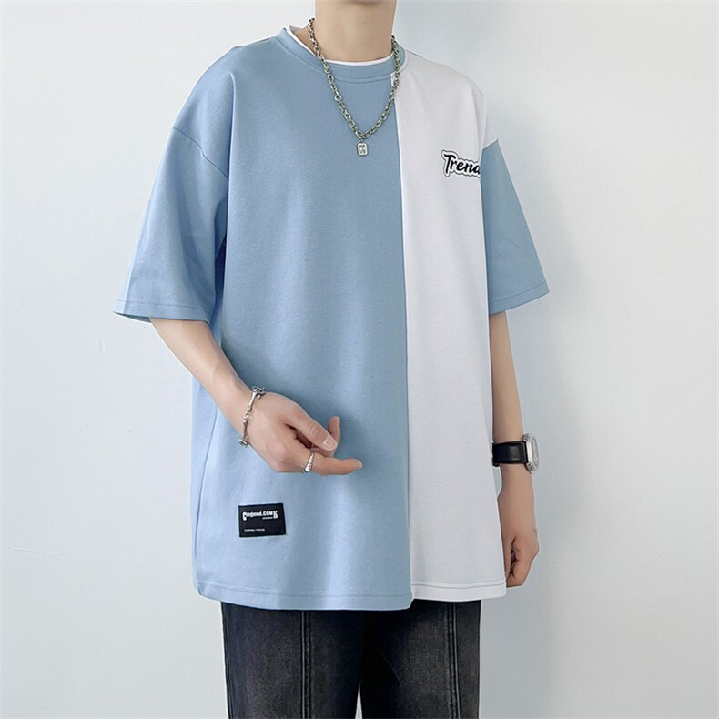 冰氧仿棉短袖港风白墙夏季休闲百搭撞色拼接男上衣TC3155-P23控48,男装T恤,星座717