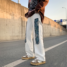 牛仔裤男款美式vibe高街设计感小众毛边贴布休闲长裤N01043-P45，男装休闲裤，星座308B-1