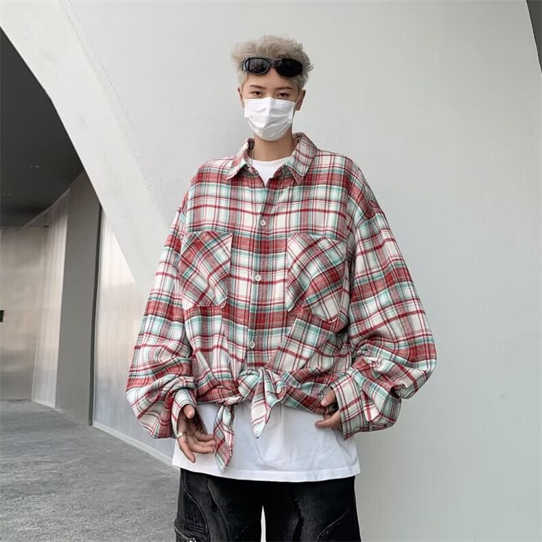 衬衫长袖男夏季新款宽松翻领格子衬衣复古潮流休闲外套CY696-P36图片
