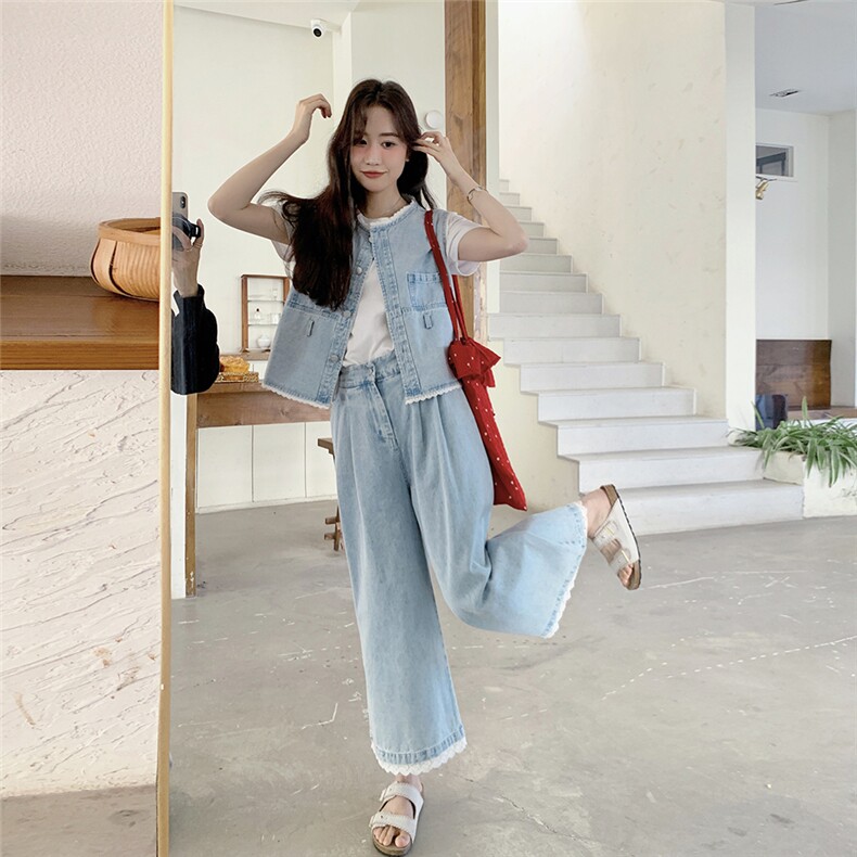 蕾丝花边拼接牛仔马甲套装女2025夏季港风复古小个子阔腿裤两件套,女装套装/套裙,2C159