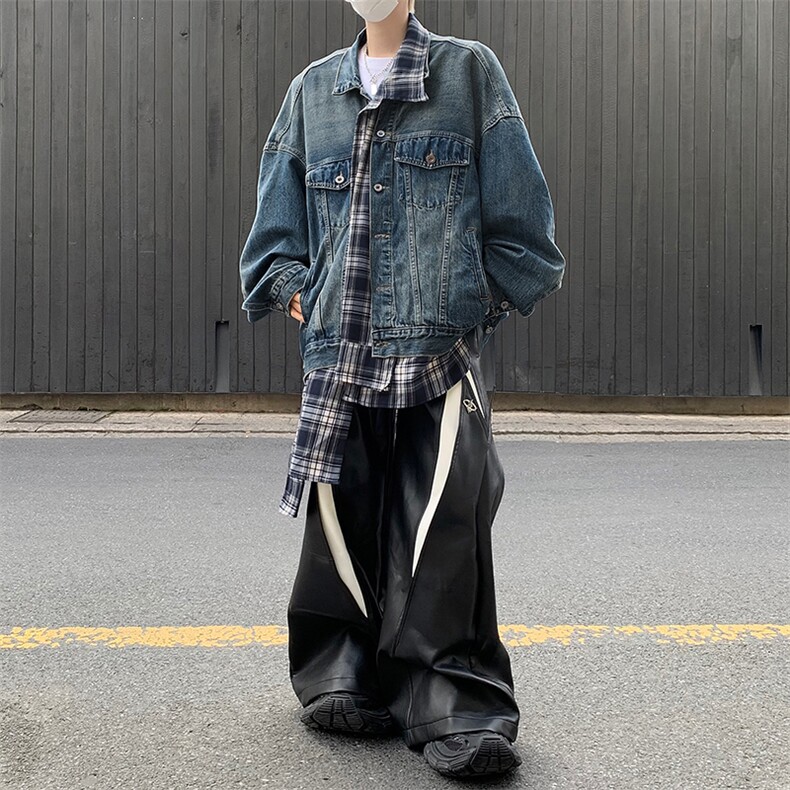 春秋韩系假两件牛仔夹克男士高街宽松水洗潮牌外套男时尚上衣小众,男装夹克,星座410-6（原星座1304-1）