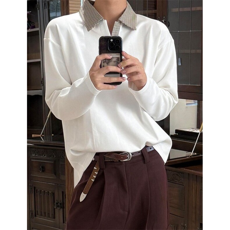 系假两件拼接格纹Polo长袖衬衫套头卫衣秋抗皱风翻领男TY501,男装衬衫,星座1116A（原606A-3）
