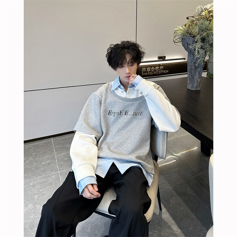 现货 25春秋男士垫肩假三件叠穿效果衬衫套头卫衣wy50-p98图片