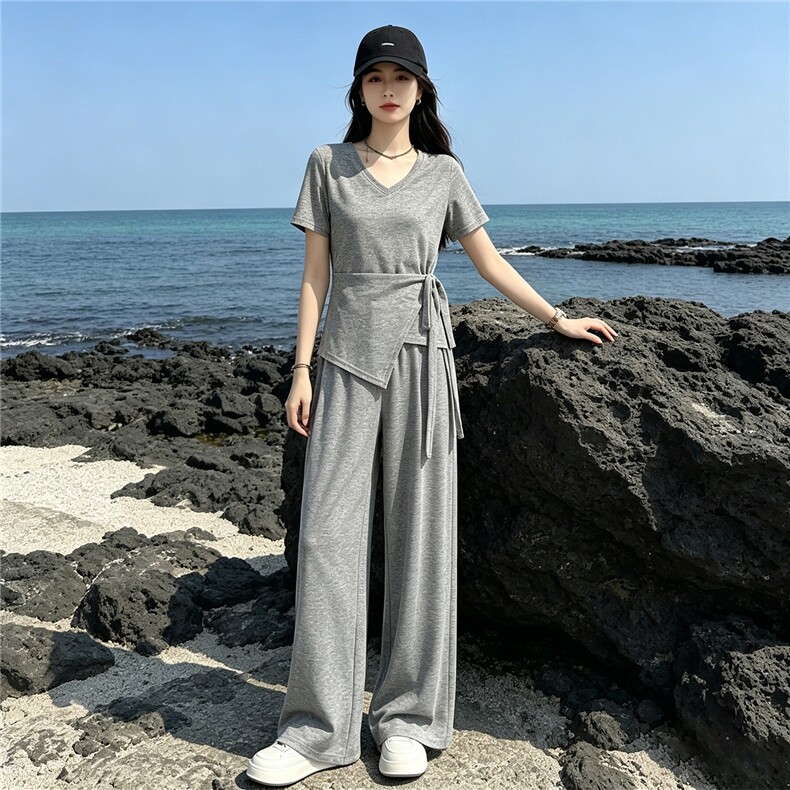超好看韩版时尚套装女夏新款款蝴蝶结系带短袖上衣阔腿长裤两件套,女装套装/套裙,江南