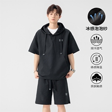 特批P50无差价夏季时尚大口袋连帽泡泡纱大码两件套套装男TZ5570，男装休闲套装，电商A001
