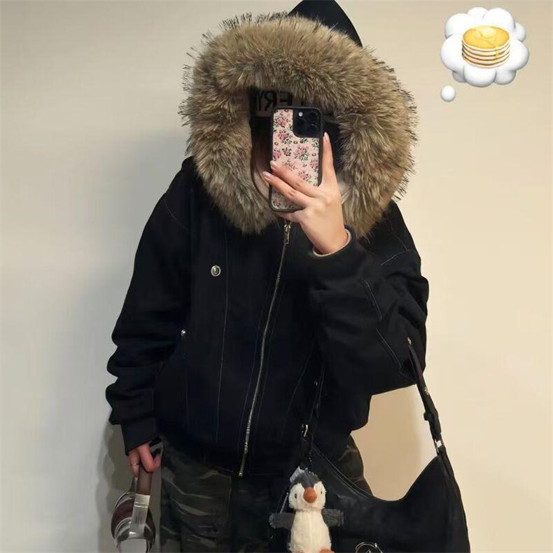 现货重磅boxy短款棉衣座山雕大毛毛领男女棉服水洗工装厚外套,男装棉衣,电商A486-1