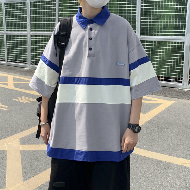 夏季新款港风条纹polo衫短袖男潮流宽松T187-P26,男装Polo衫,星座313A-2