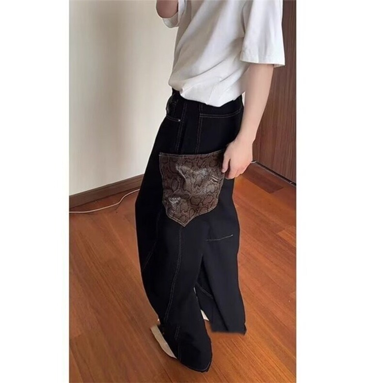 蛇纹拼接弯刀牛仔裤男美式高街设计感小众直筒阔腿裤WLC6011-P55,男装牛仔裤,星座1008
