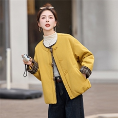 2025秋冬时尚圆领拼色格子宽松百搭休闲短款棉衣，女装棉衣/棉服，瑶迪依秀