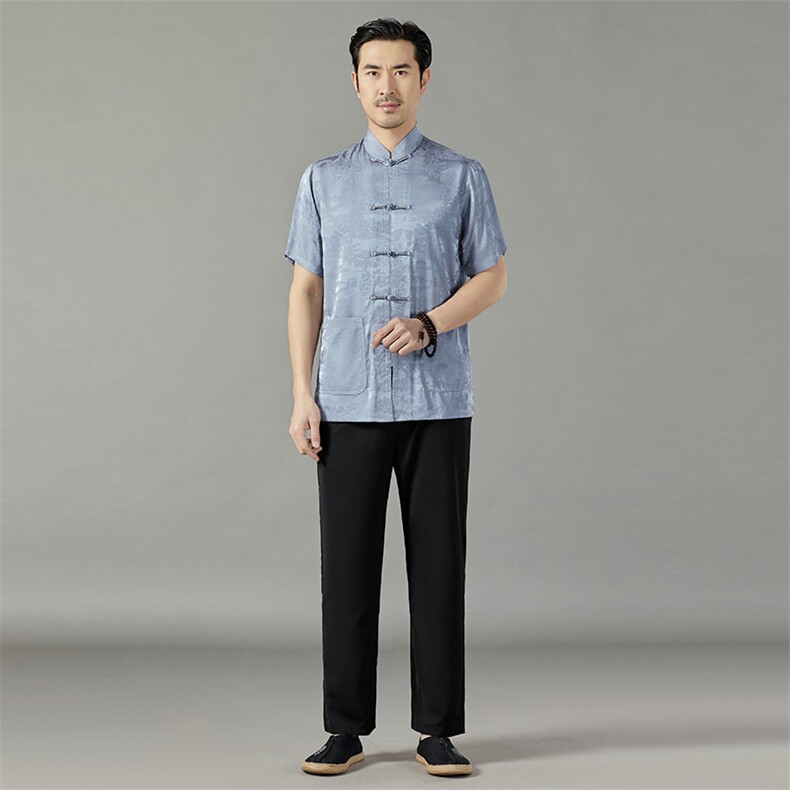 长年货男士夏新款中老年风唐装香云纱立体扣复古提花短袖套装，男装民族服装，钱塘723