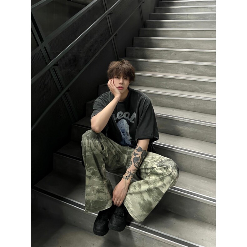 迷彩牛仔裤男美式复古hiphop辣妹裤子高街ins潮直筒阔腿裤N7785,男装牛仔裤,星座1116A（原606A-3）