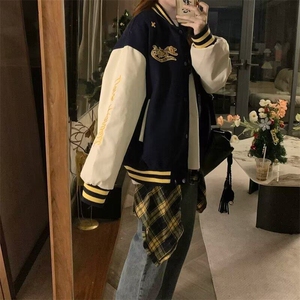 美式复古拼接刺绣字母棒球服春秋季新款宽松韩版学生百搭外套女潮图片