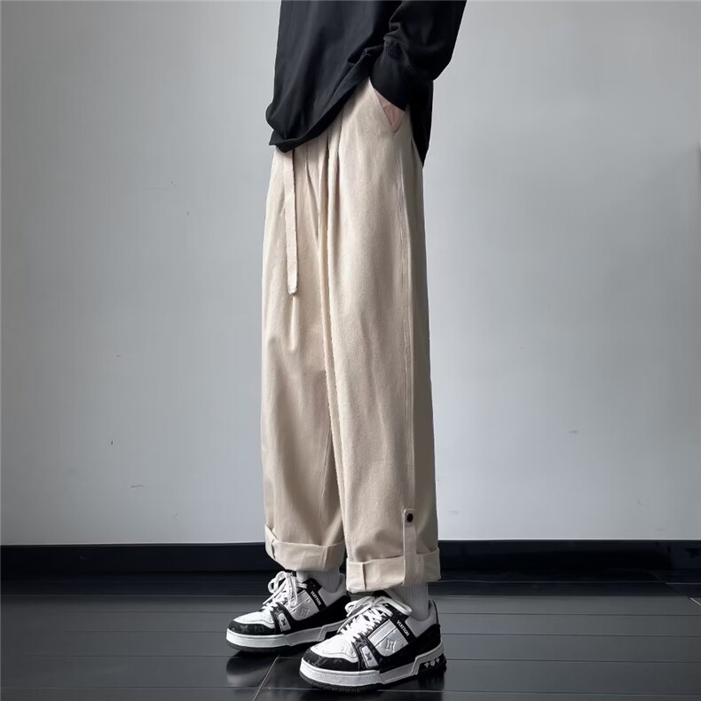 卷边搭扣裤子男宽松直筒秋款韩版潮流大码阔腿坠感九分休闲长裤图片