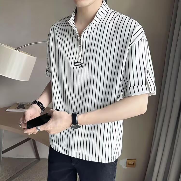 网络图现货条纹半拉链中袖T恤男夏季潮牌宽松痞帅男RJB24-P55,男装T恤,星座1005-4