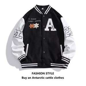 高品质复古咖啡色拼图毛巾绣毛呢pu皮拼接外套夹克棒球服男JK02图片