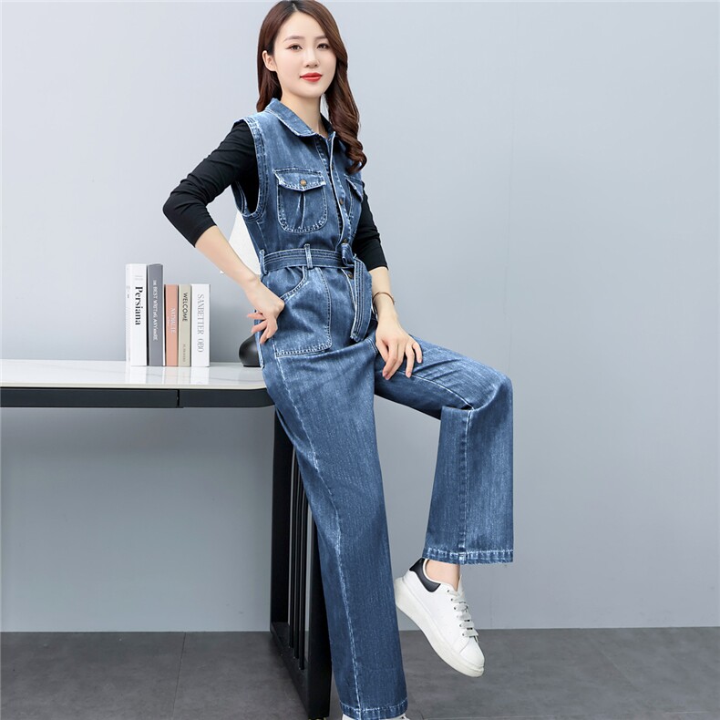休闲中腰长裤常规无袖连衣裤女牛仔连体裤2024年春季，女装连体裤，微微衣阁