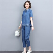 休闲妈妈洋气套装2022夏新款大码牛仔上衣裤子两件套，女装套装/套裙，忆绮罗