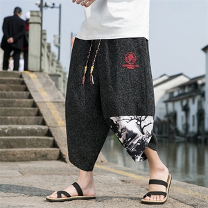 夏装风刺绣拼接九分裤大码男装加肥加大码胖子棉麻裤图片