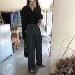 高腰可调节腰带直筒休闲垂坠感阔腿西裤图片