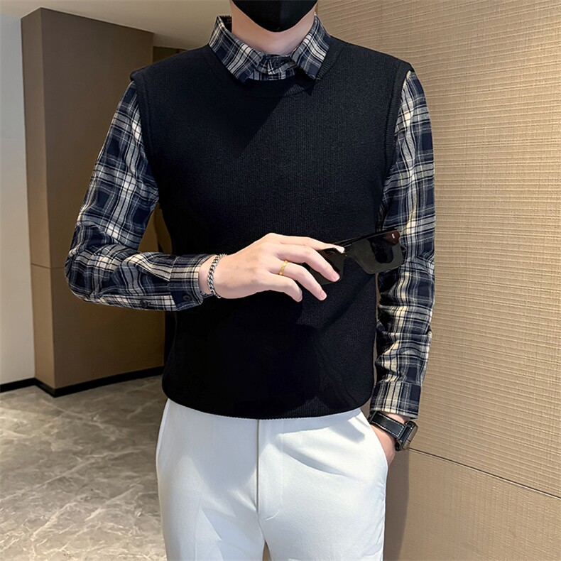 店主风小伙格子衬衫针织假二件毛衣301A-1/M87/P75，男装针织衫/毛衣，星座301A-1