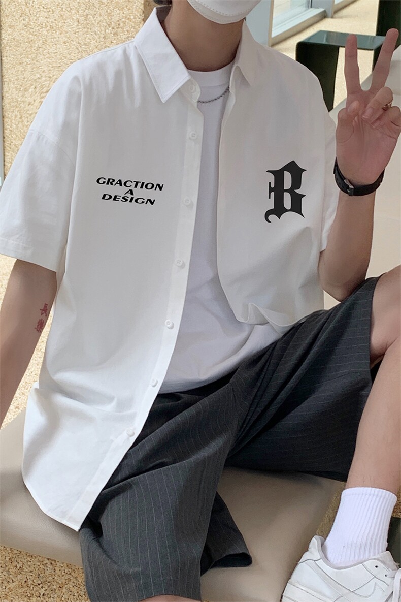 港风夏季韩版宽松翻领短袖字母印花衬衫男多色S6201P35控48,男装T恤,电商A268A