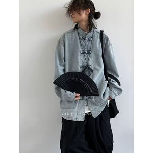 新中式复古盘扣牛仔衬衫男女款秋季宽松蓝色中性百搭立领休闲外套图片