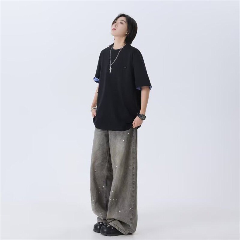 夏季美式风运动短袖男女夏季翻边蓝色T恤休闲宽松上衣-T799,男装T恤,星座601-1