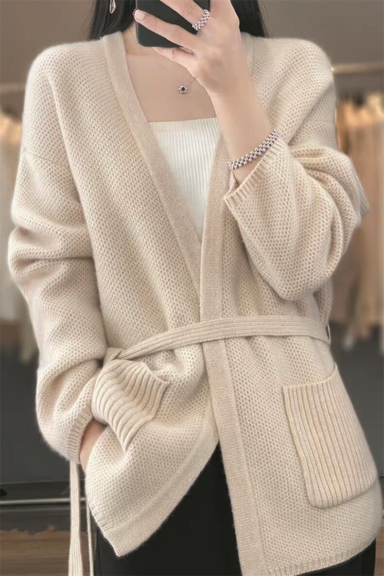 春秋新款100%毛开衫女v领中长款外搭宽松腰带毛衣羊绒针织外套,针织衫/毛衣,萱芳婷羊绒
