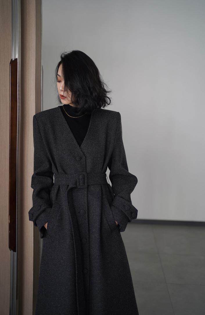 慵懒粗花毛衣披肩+宽松呢料外套两件套，女装针织衫/毛衣，GN